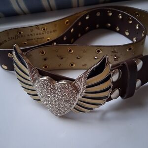 Brown Leather Belt with Silver Heart Wing Buckle